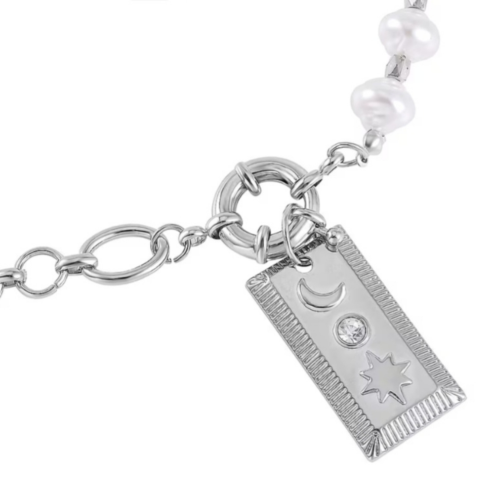 Simulated Pearl, Austrian Crystal Moon Star Pendant Necklace Silvertone - Picture 3 of 4